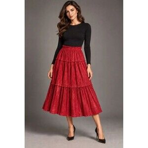 Womens Maxi Skirt Christmas Holiday Glam Metallic Pleated Tiered Shimmer Red L